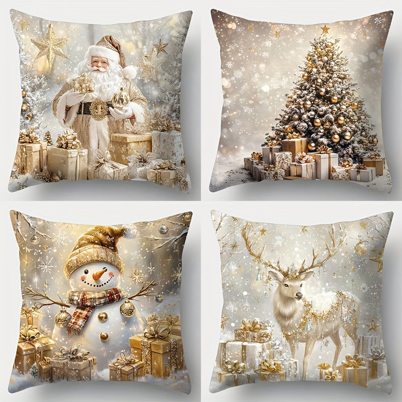 Set of 4 Christmas Cushion Covers featuring Festive Snowman, Santa, Elk & Tree Design. 45x45cm