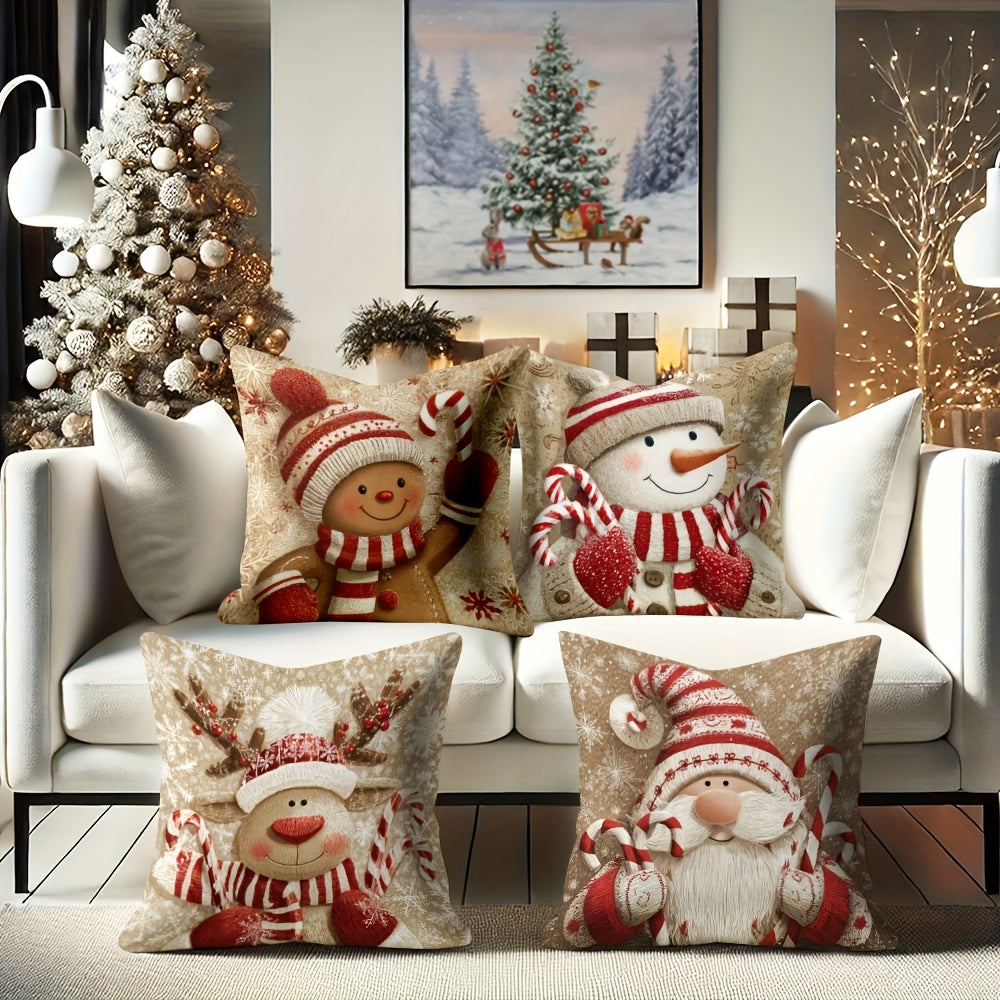 Set of 4 Christmas Cushion Covers featuring Snowman, Santa, and holiday patterns. 45.72x45.72cm
