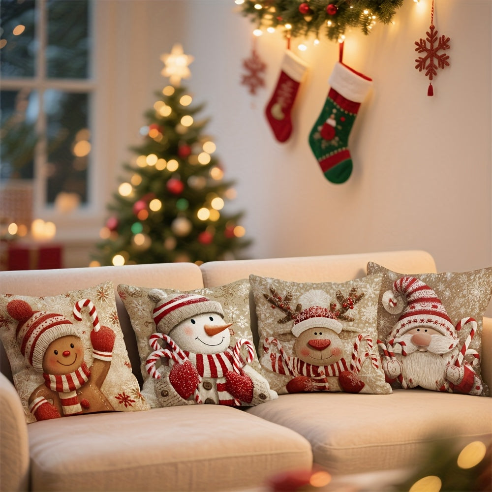 Set of 4 Christmas Cushion Covers featuring Snowman, Santa, and holiday patterns. 45.72x45.72cm