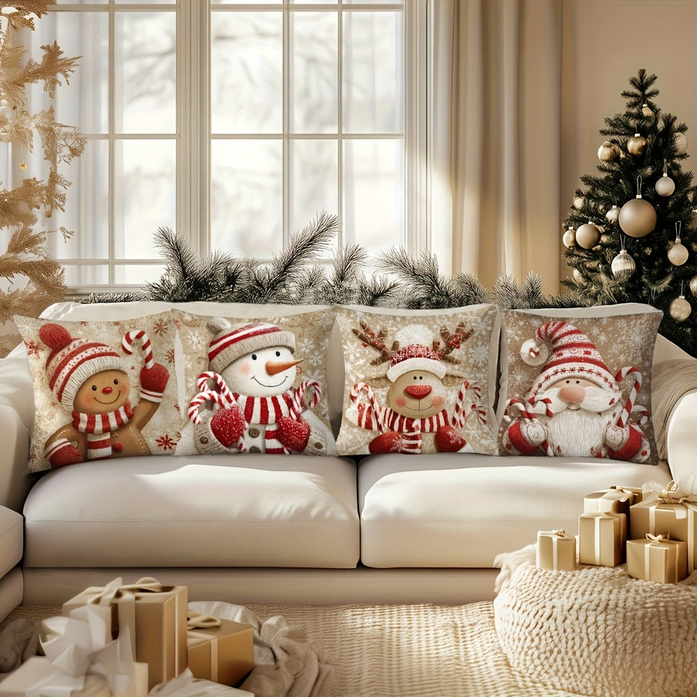 Set of 4 Christmas Cushion Covers featuring Snowman, Santa, and holiday patterns. 45.72x45.72cm