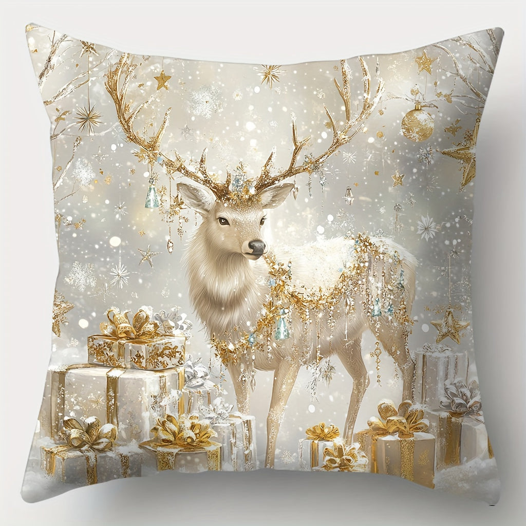 Set of 4 Christmas Cushion Covers featuring Festive Snowman, Santa, Elk & Tree Design. 45x45cm