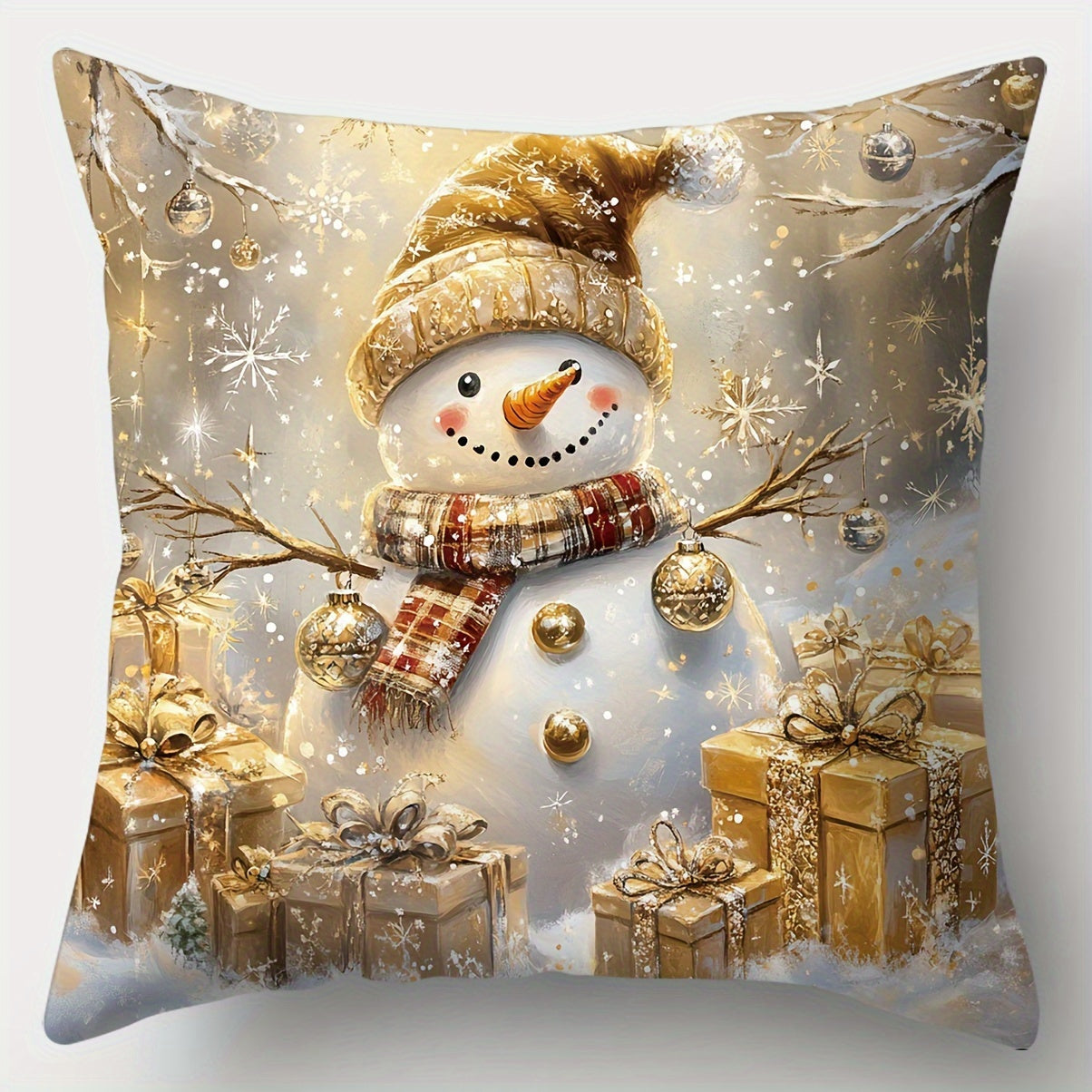Set of 4 Christmas Cushion Covers featuring Festive Snowman, Santa, Elk & Tree Design. 45x45cm